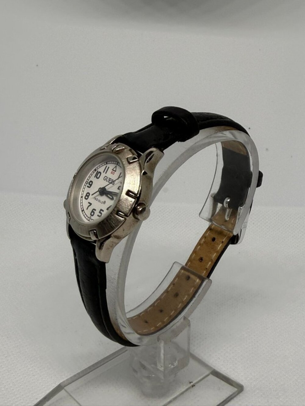 GUESS Vintage 1990s Indiglo Women's Silver-Tone Watch White Dial Black Leather - Picture 3 of 11